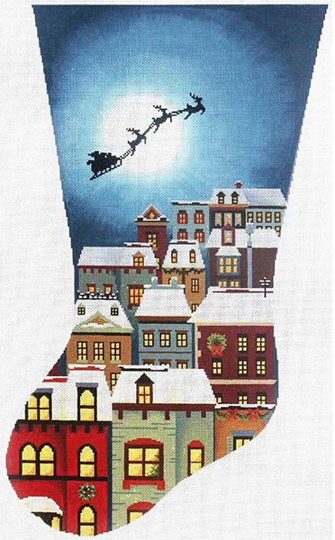 Christmas Eve Town Stocking Hand Painted Needlepoint Canvas from Abigail Cecile