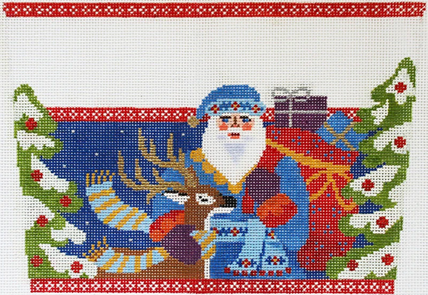 Jacobean Santa with Deer Stocking Cuff Hand Painted Needlepoint Canvas from Abigail Cecile
