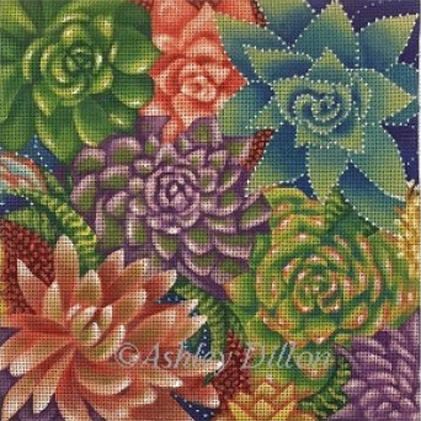 Succulents Hand Painted Needlepoint Canvas by Ashley Dillon