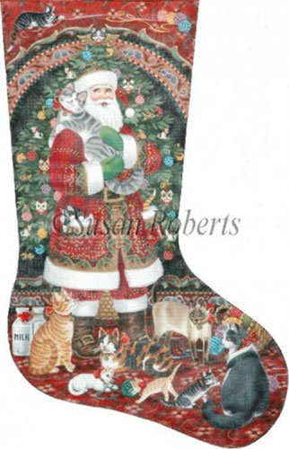 Santa & Kitties Hand Painted Needlepoint Stocking Canvas