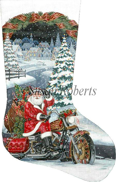 Santa Biker Hand Painted Needlepoint Stocking Canvas