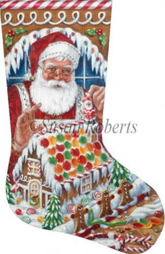 Santa's Gingerbread House Hand Painted Needlepoint Stocking Canvas