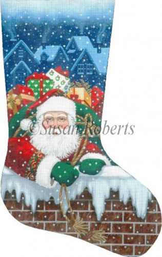 Santa Pops In - 18 Count Hand Painted Needlepoint Stocking Canvas