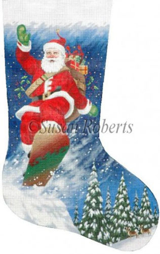 Snowboarding Santa - 13 Count Hand Painted Needlepoint Stocking Canvas