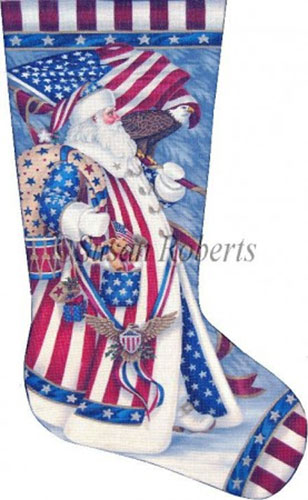 Patriotic Santa Hand Painted Needlepoint Stocking Canvas 13 Count Canvas