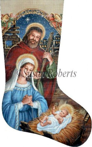 Mary, Joseph & Baby Hand Painted Needlepoint Stocking Canvas