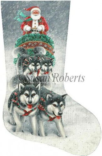 Sled Dog Santa Hand Painted Needlepoint Stocking Canvas