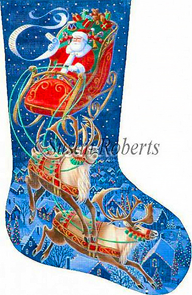 Santa Flying Through the Stars - 13 Count Hand Painted Needlepoint Stocking Canvas