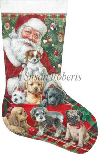 Santa & Christmas Puppies Hand Painted Needlepoint Stocking Canvas