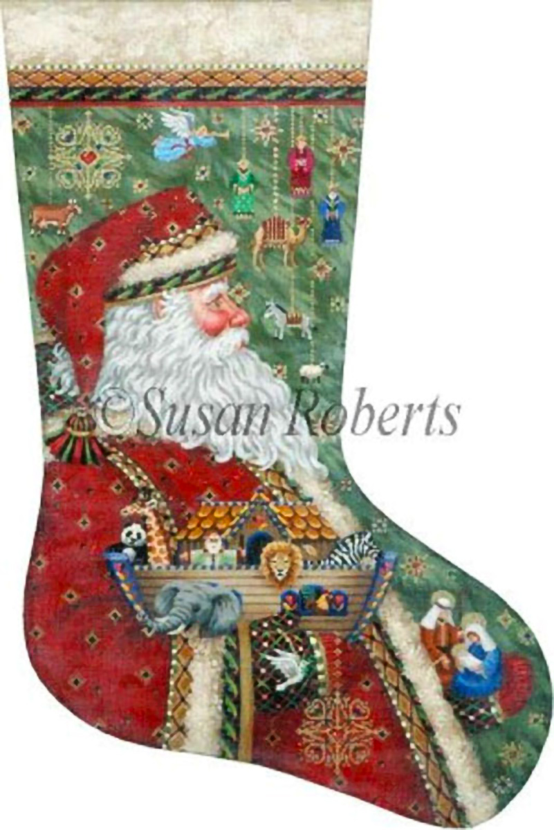 Santa's Ark and Nativity Hand Painted Needlepoint Stocking Canvas