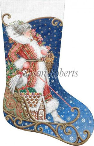 Mrs. Santa Sleds In Hand Painted Needlepoint Stocking Canvas