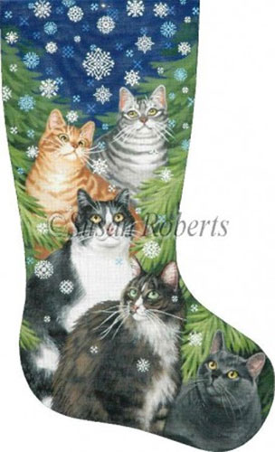 Cats and Snowflakes Hand Painted Needlepoint Stocking Canvas