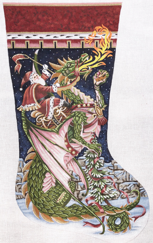 Santa and Dragon Hand Painted Needlepoint Stocking Canvas with Custom Kit #1