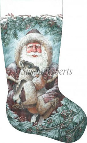 Santa and Baby Reindeer Hand Painted Needlepoint Stocking Canvas