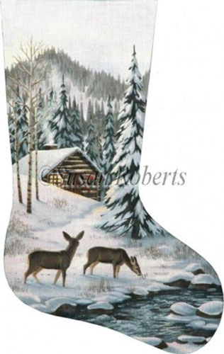 Cabin in the Woods Hand Painted Needlepoint Stocking Canvas