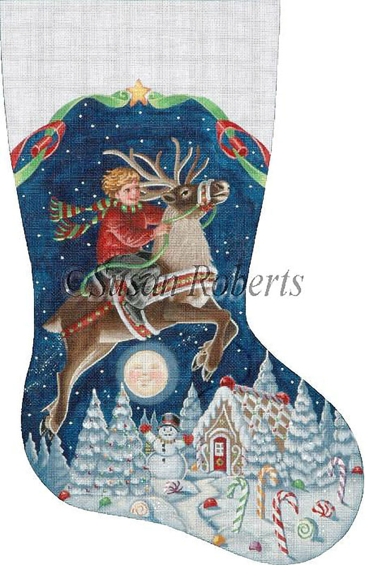 Boy on a Reindeer Hand Painted Needlepoint Stocking Canvas