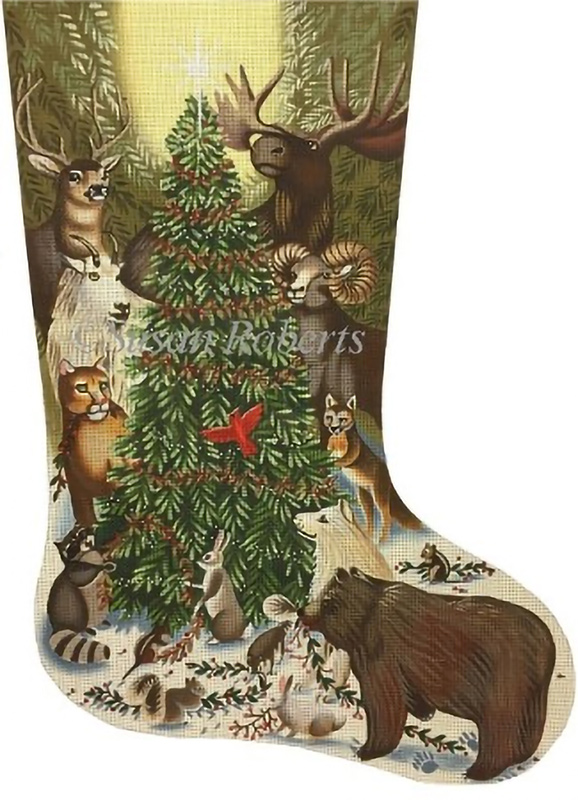 Woodland Animals Around Tree Hand Painted Needlepoint Stocking Canvas - Liz Goodrick-Dillon