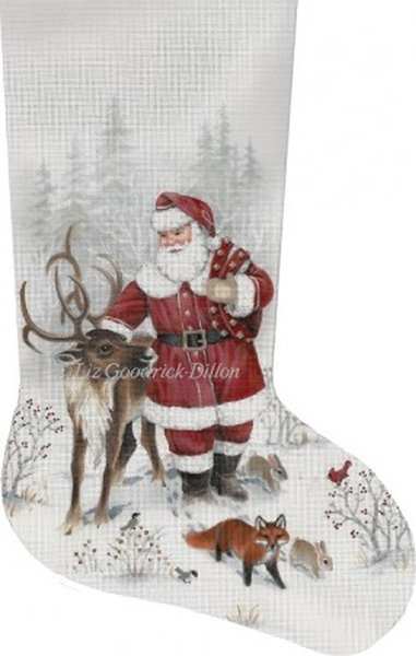 Santa & Reindeer Hand Painted Needlepoint Stocking Canvas - Liz Goodrick-Dillon