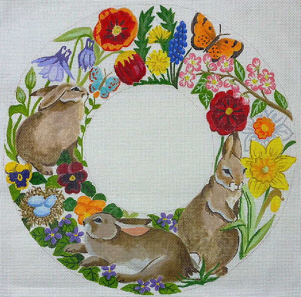 Barbara Eyre Needlepoint Designs - Hand-painted Rabbits in Spring Flowers Wreath Canvas
