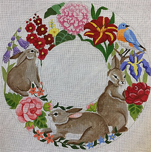 Barbara Eyre Needlepoint Designs - Hand-painted - Rabbits in Summer Flowers Wreath Canvas