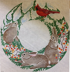 Barbara Eyre Needlepoint Designs - Hand-painted - Rabbits in Snow  Wreath Canvas