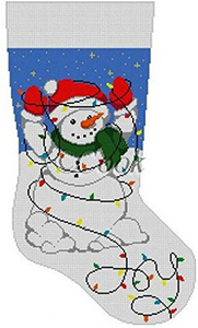 Snowman Tangled In Lights (Joy) Hand Painted Needlepoint Christmas Stocking Canvas by Cook