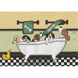 Beagles Fill the Tub Hand Painted Needlepoint Canvas from Cindi Lynch