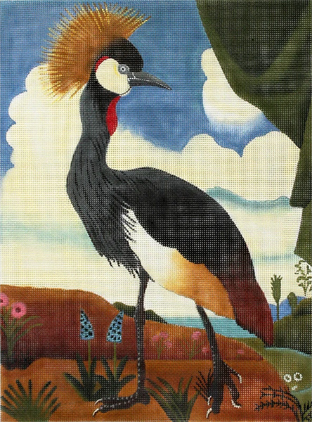African Crowned Crane hand painted needlepoint canvas from Catherine Nolin