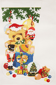 Under the Tree (Bear on Blue Box) Hand-painted Christmas Stocking Canvas