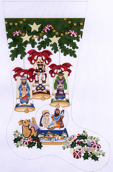 Under the Tree (Wise Men Bells, Snow Globe, Nativity) Hand-painted Christmas Stocking Canvas