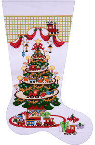 Transportation Tree (Trains) - Hand-painted Christmas Stocking Canvas 18 Count