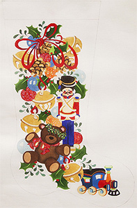 Jingle Bells with Toys & Brown Bear Hand-painted Christmas Stocking Canvas 18 Count