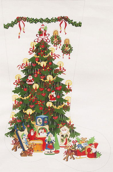 Santa Tree - Red Ribbons Hand-painted Christmas Stocking Canvas