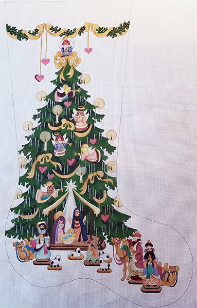 Nativity Tree (Gold Ribbons) - Red Ribbons Hand-painted Christmas Stocking Canvas