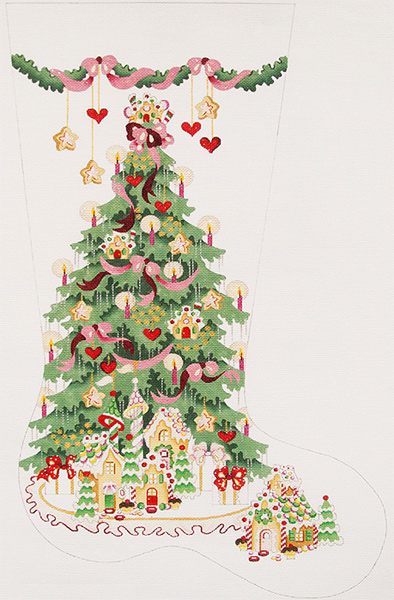 Gingerbread Tree - Pink Ribbons Hand-painted Christmas Stocking Canvas