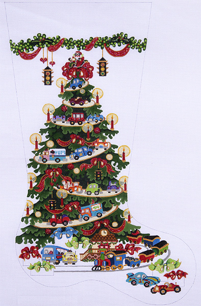 Transportation Tree - Cars and Trucks Hand-painted Christmas Stocking Canvas