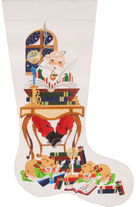 Santa at Desk with Books Hand-painted Christmas Stocking Canvas