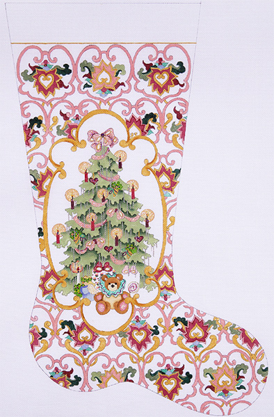 Decorated Tree with Gold Cartouche Hand-painted Christmas Stocking Canvas