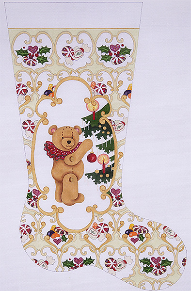 Bear with Ornament in Gold Cartouche Hand-painted Christmas Stocking Canvas