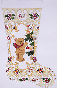 Bear with Ornament in Gold Cartouche Hand-painted Christmas Stocking Canvas