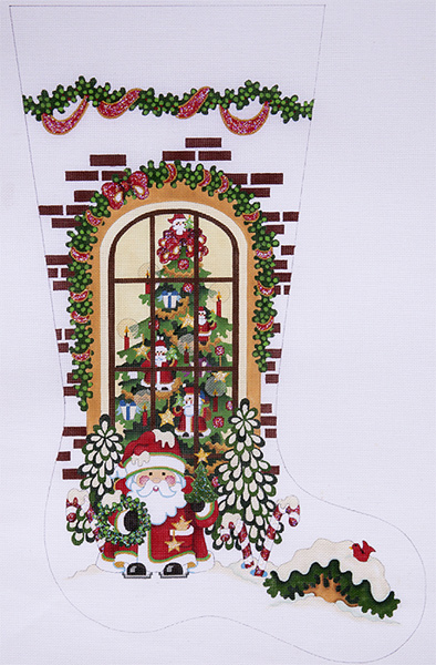 Santa Outside Window Hand-painted Christmas Stocking Canvas