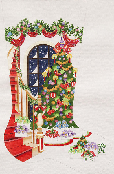 Staircase with Decorated Tree and Window Hand-painted Christmas Stocking Canvas