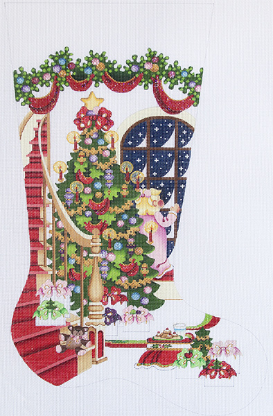 Staircase with Decorated Tree and Girl at Window Hand-painted Christmas Stocking Canvas