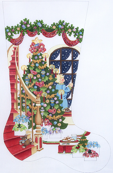 Staircase with Decorated Tree and Boy at Window Hand-painted Christmas Stocking Canvas
