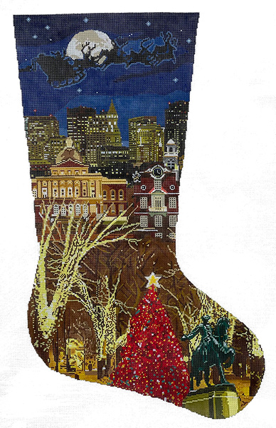 Boston Christmas Stocking -Hand Painted Canvas (18 Count Canvas)