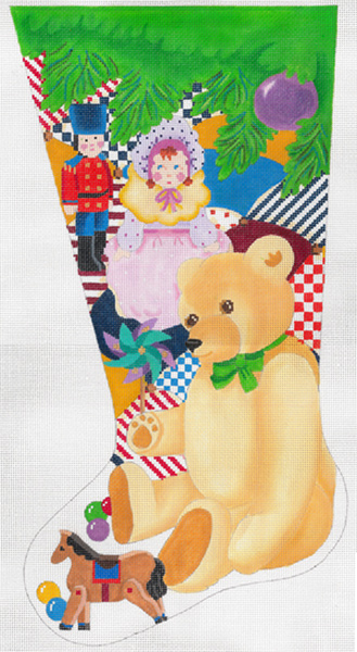Teddy & Toys Stocking - Hand Painted Needlepoint Canvas from dede's Needleworks