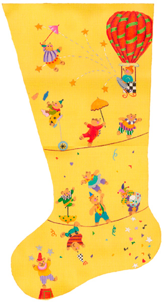 Teddy's Holiday Circus Stocking - Hand Painted Needlepoint Canvas from dede's Needleworks
