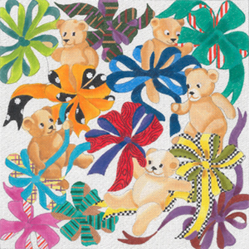 Baby Bears & Bows - Hand Painted Glitter Needlepoint Canvas from dede's Needleworks