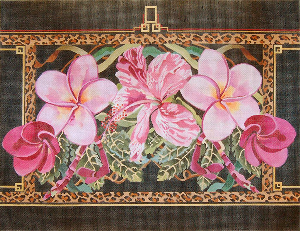 Pink Hibiscus & Plumerias / Leopard Border -  Hand Painted Needlepoint Canvas by Joy Juarez