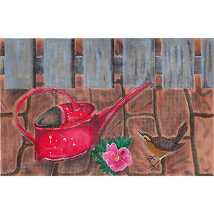 Red Watering Can with Wren by Sharon G